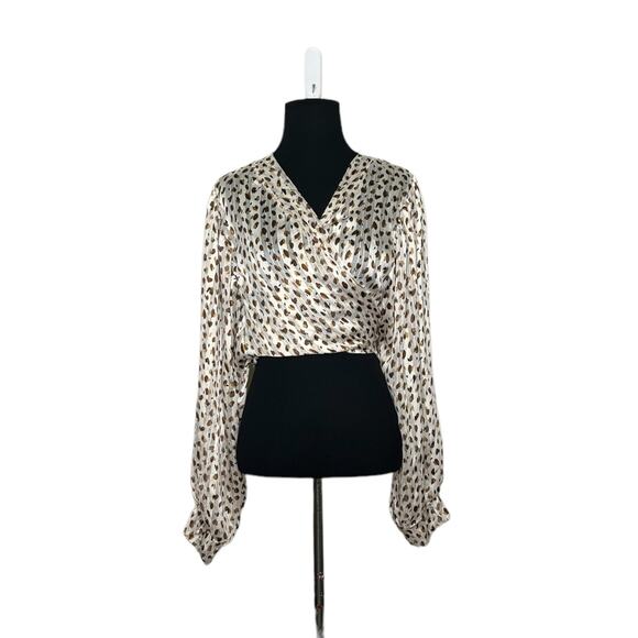 Saints & Hearts Cream brown print wrap front tie sleeves blouse size Medium - Picture 1 of 15